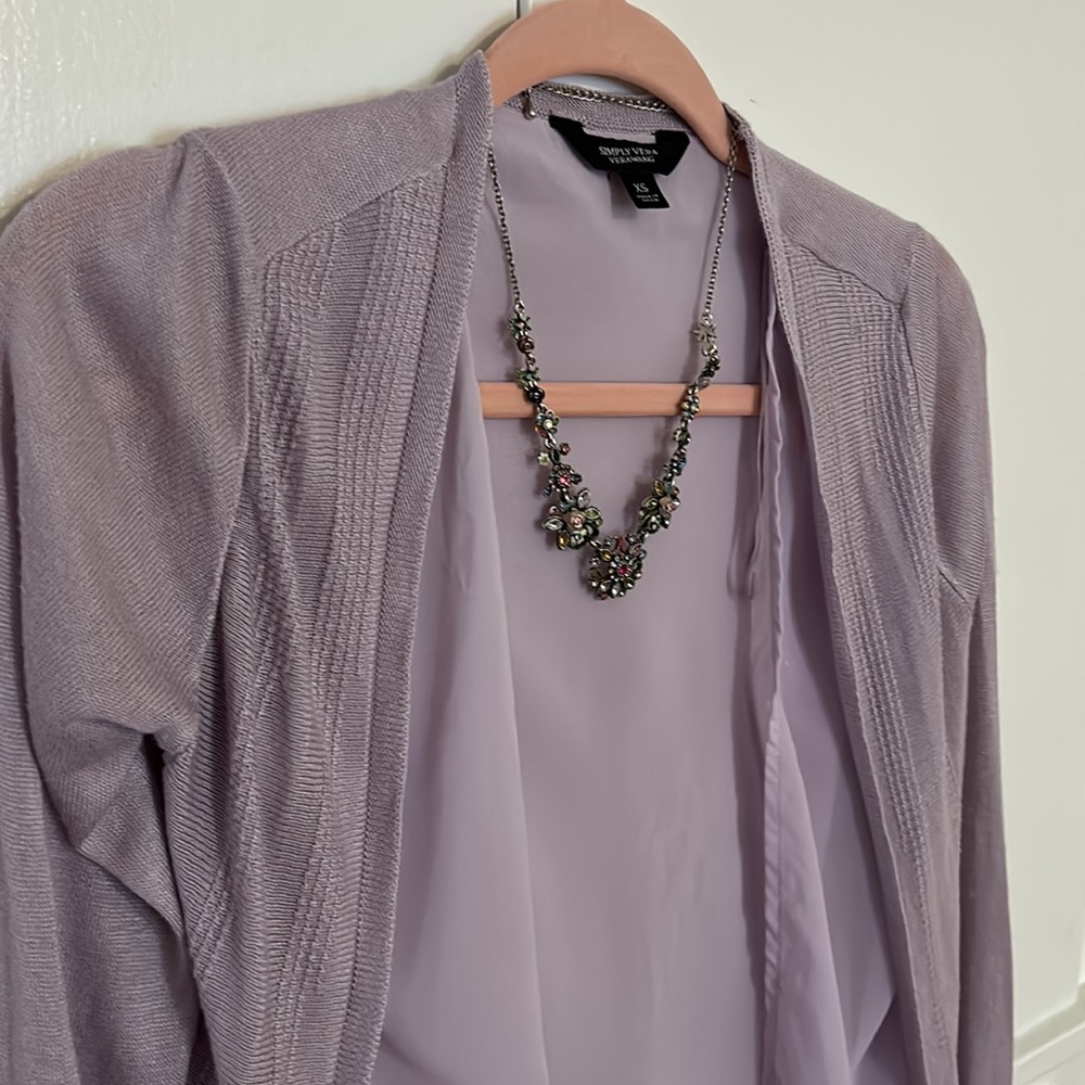Vera Wang dusty lavender, purple flowy cardigan. Feminine and soft.